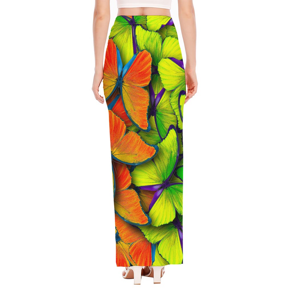 Rainbow Butterfly Pattern Print High Slit Maxi Skirt