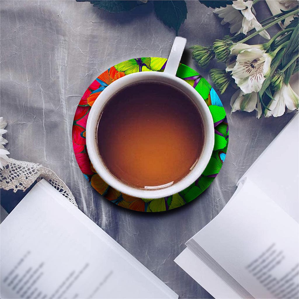 Rainbow Butterfly Pattern Print Leather Coaster Set
