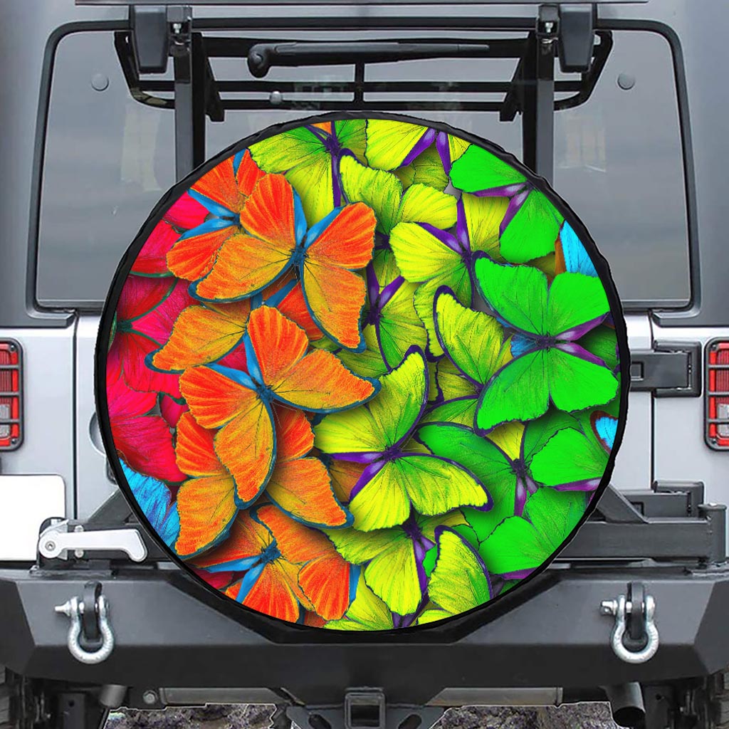 Rainbow Butterfly Pattern Print Leather Spare Tire Cover