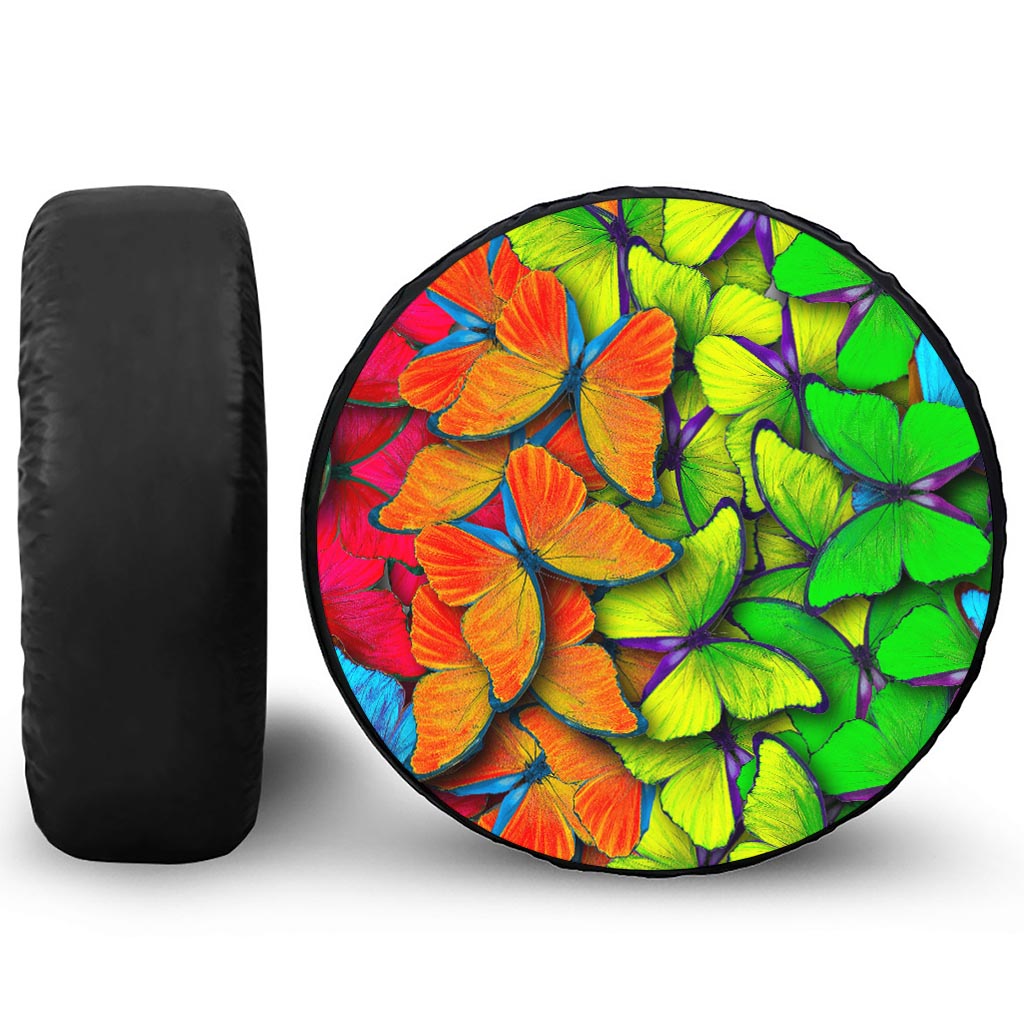 Rainbow Butterfly Pattern Print Leather Spare Tire Cover