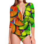 Rainbow Butterfly Pattern Print Long Sleeve Swimsuit
