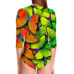 Rainbow Butterfly Pattern Print Long Sleeve Swimsuit