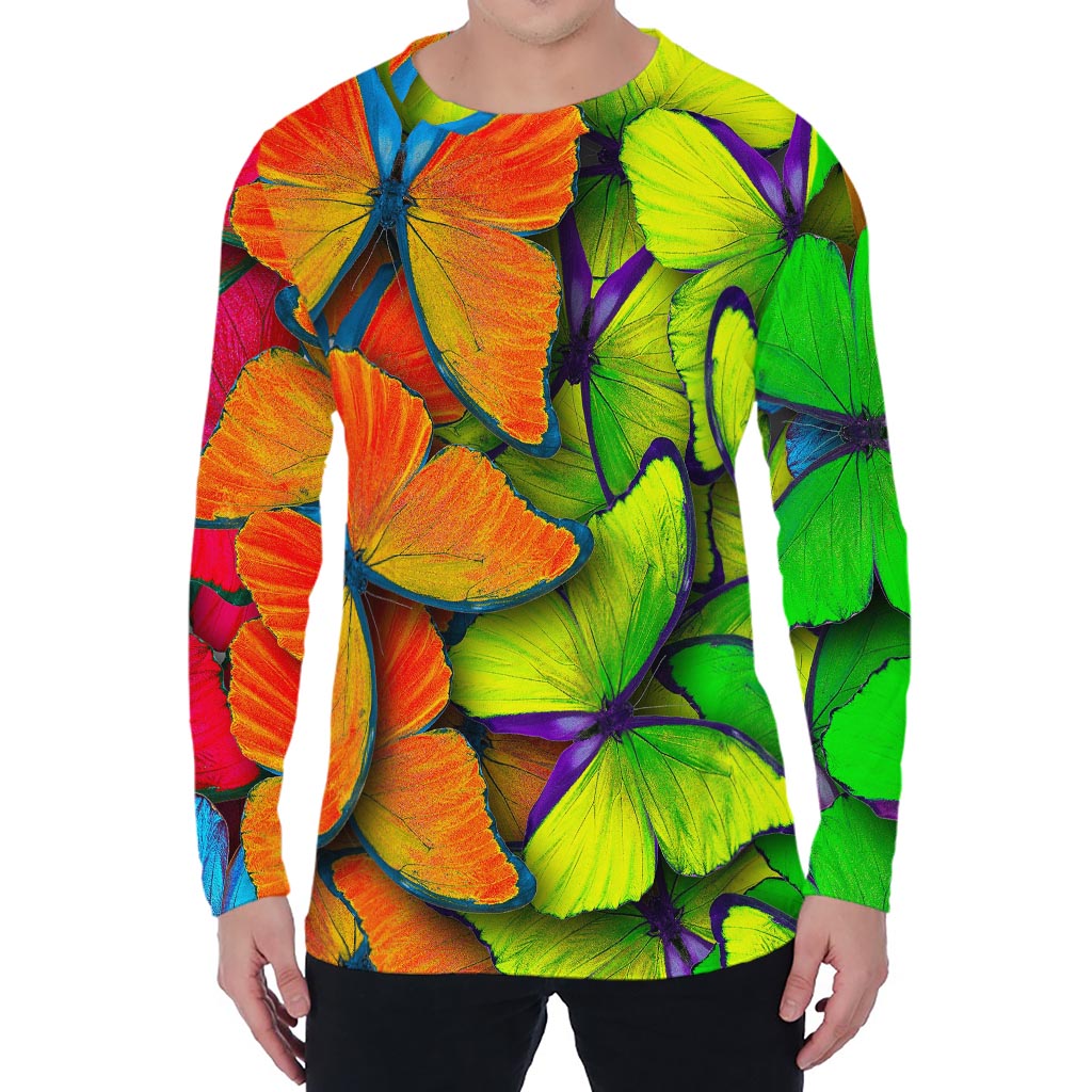 Rainbow Butterfly Pattern Print Men's Long Sleeve T-Shirt