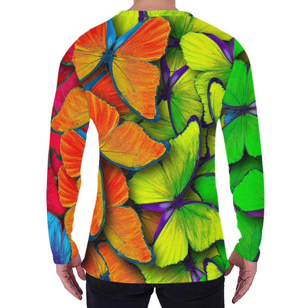 Rainbow Butterfly Pattern Print Men's Long Sleeve T-Shirt