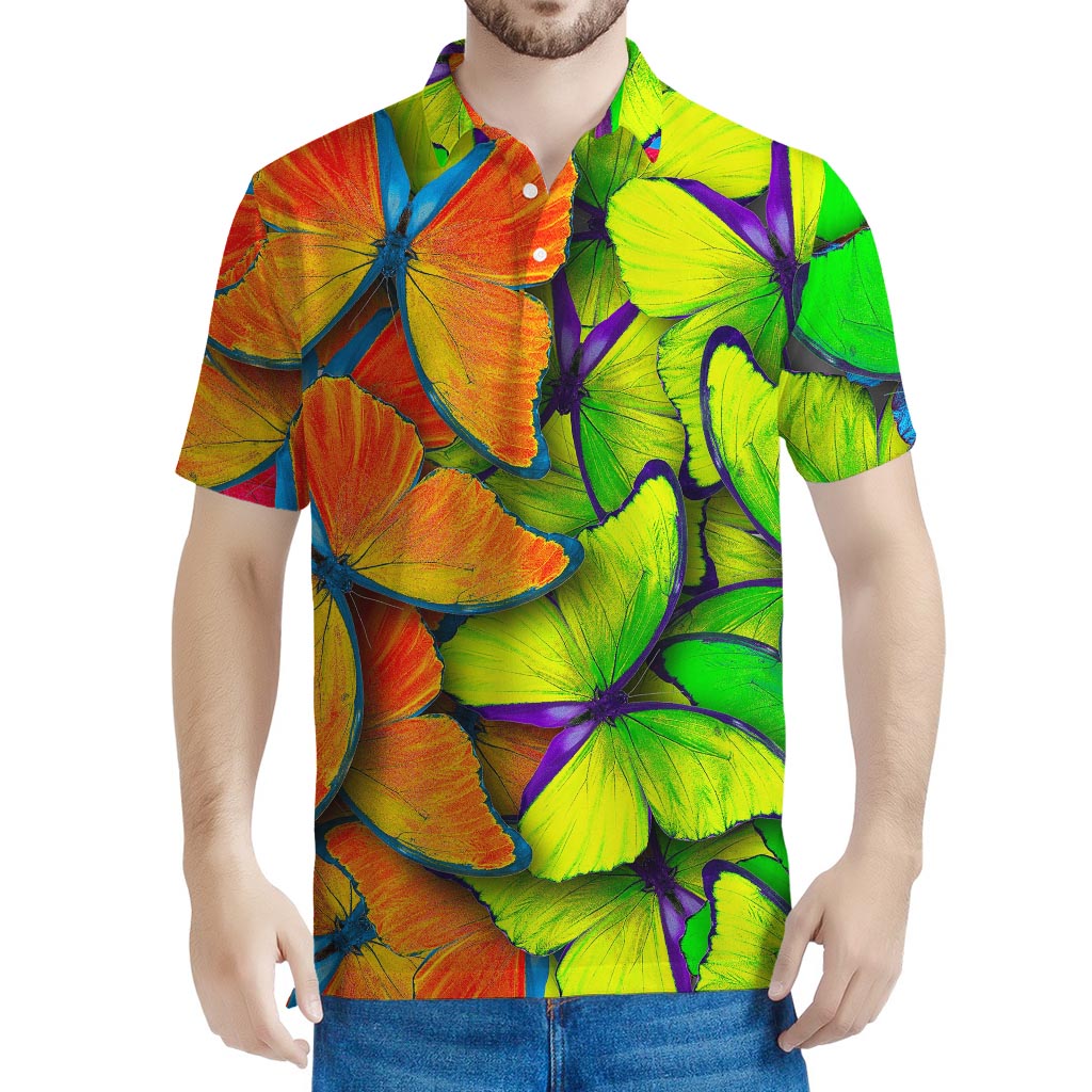 Rainbow Butterfly Pattern Print Men's Polo Shirt