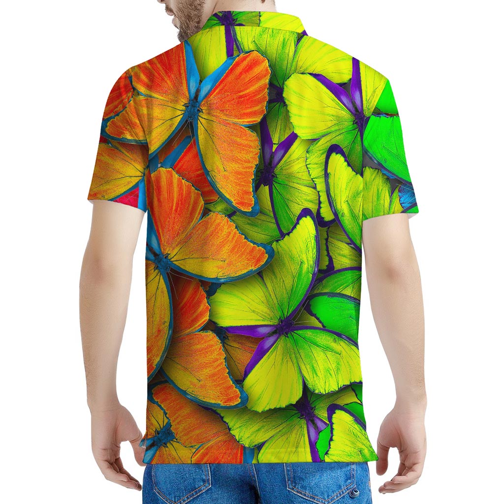 Rainbow Butterfly Pattern Print Men's Polo Shirt