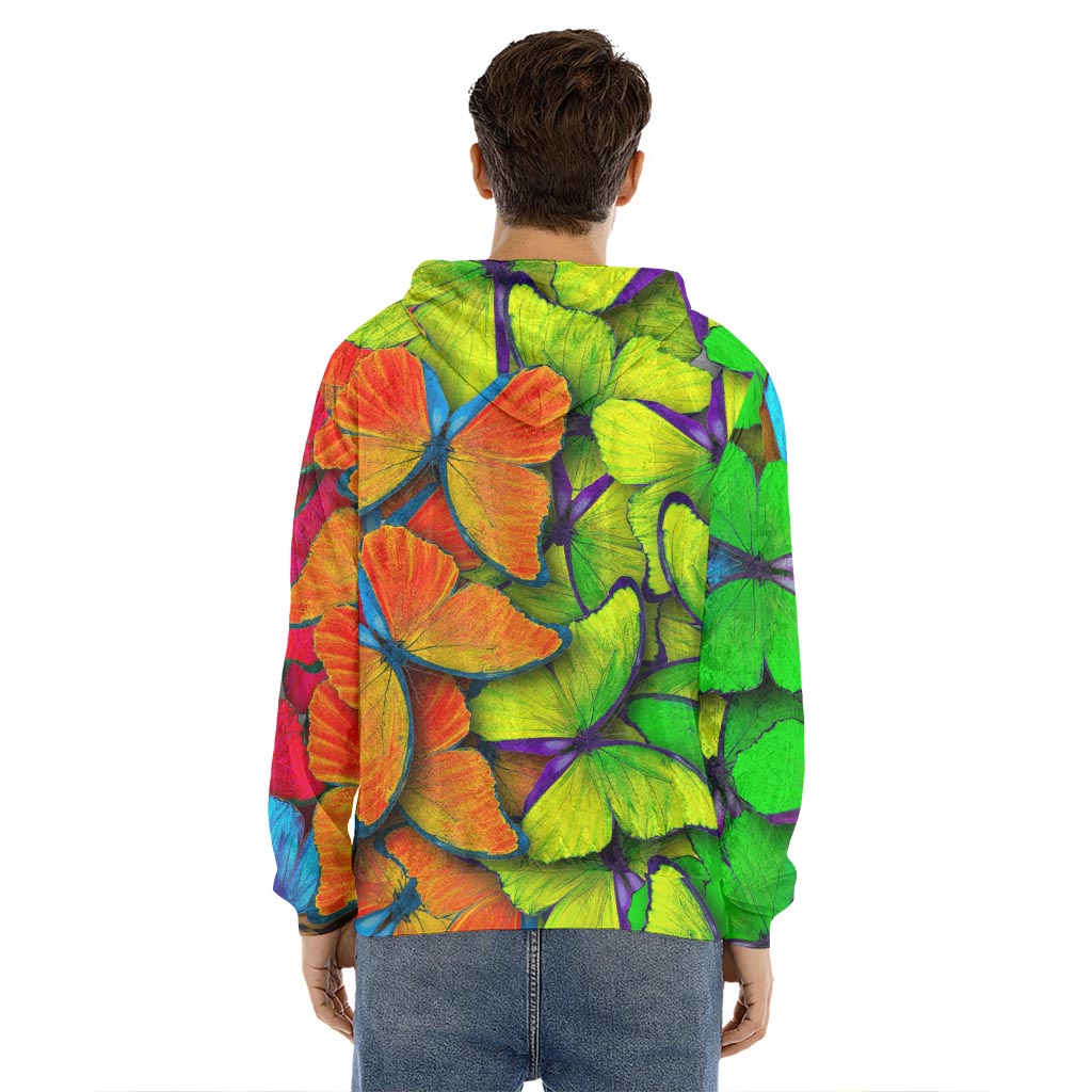 Rainbow Butterfly Pattern Print Men's Velvet Pullover Hoodie