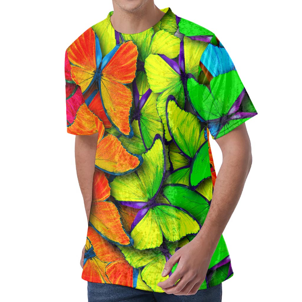 Rainbow Butterfly Pattern Print Men's Velvet T-Shirt