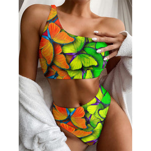 Rainbow Butterfly Pattern Print One Shoulder Bikini Top