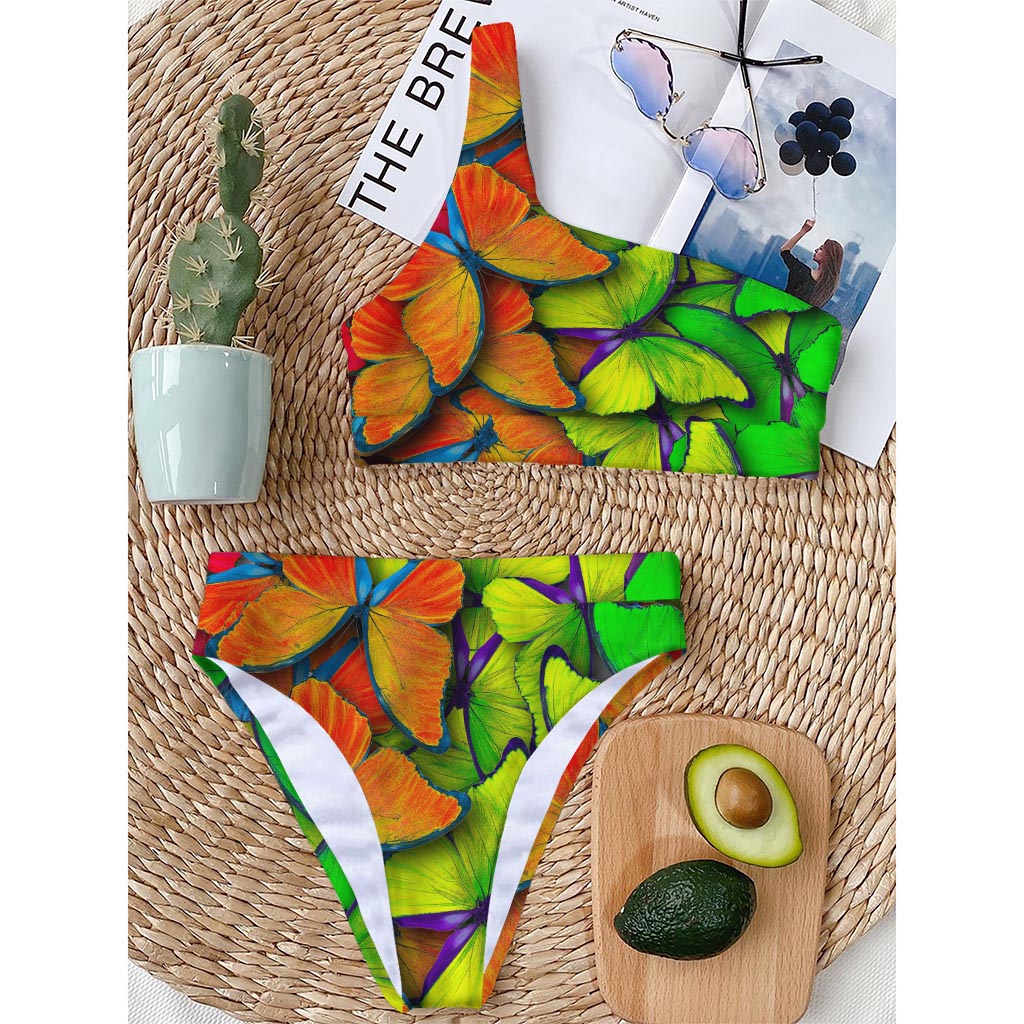 Rainbow Butterfly Pattern Print One Shoulder Bikini Top