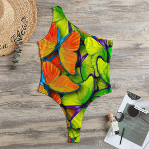 Rainbow Butterfly Pattern Print One Shoulder Bodysuit