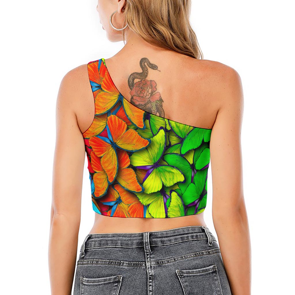 Rainbow Butterfly Pattern Print One Shoulder Crop Top