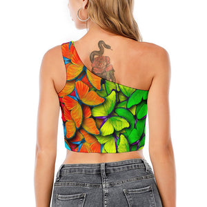 Rainbow Butterfly Pattern Print One Shoulder Crop Top