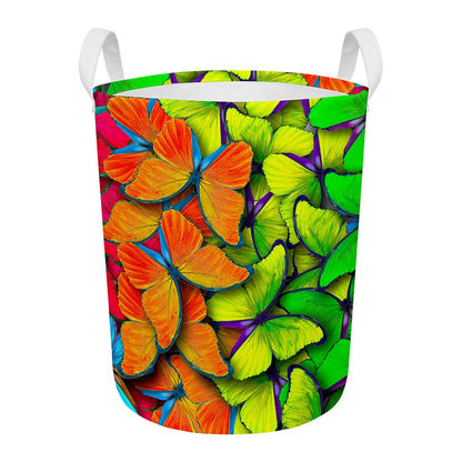 Rainbow Butterfly Pattern Print Round Laundry Basket