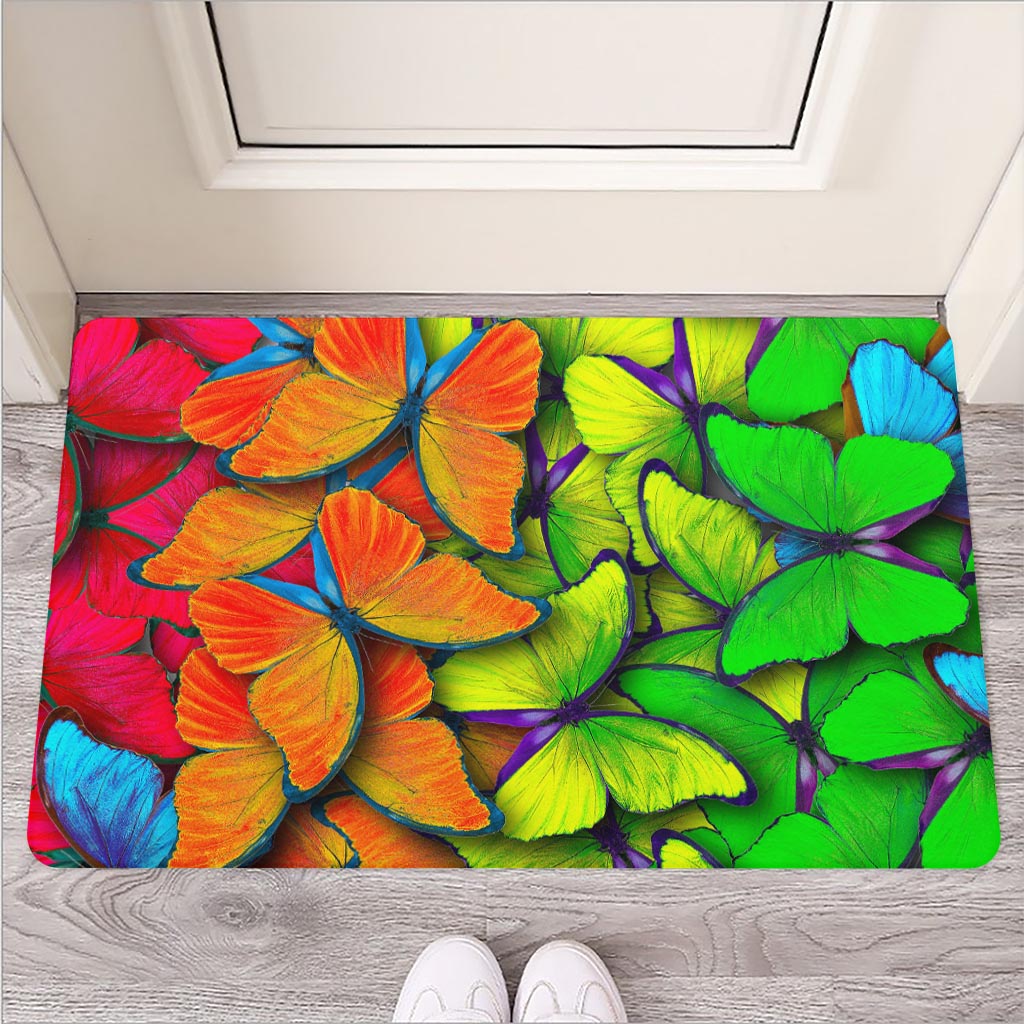 Rainbow Butterfly Pattern Print Rubber Doormat