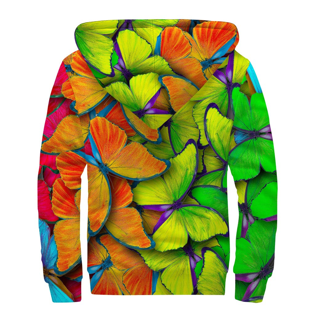 Rainbow Butterfly Pattern Print Sherpa Lined Zip Up Hoodie