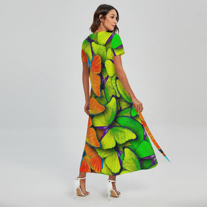 Rainbow Butterfly Pattern Print Short Sleeve Maxi Dress