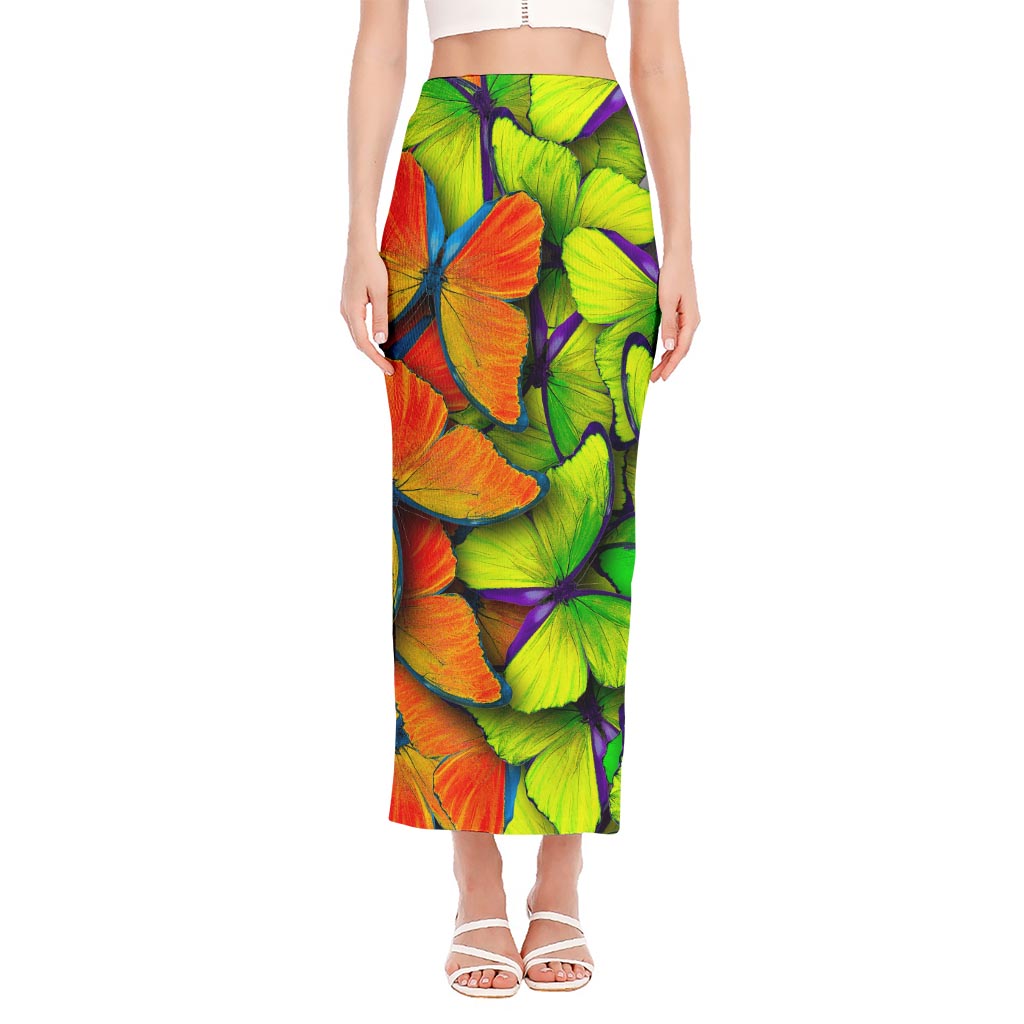 Rainbow Butterfly Pattern Print Side Slit Maxi Skirt