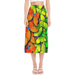 Rainbow Butterfly Pattern Print Side Slit Midi Skirt