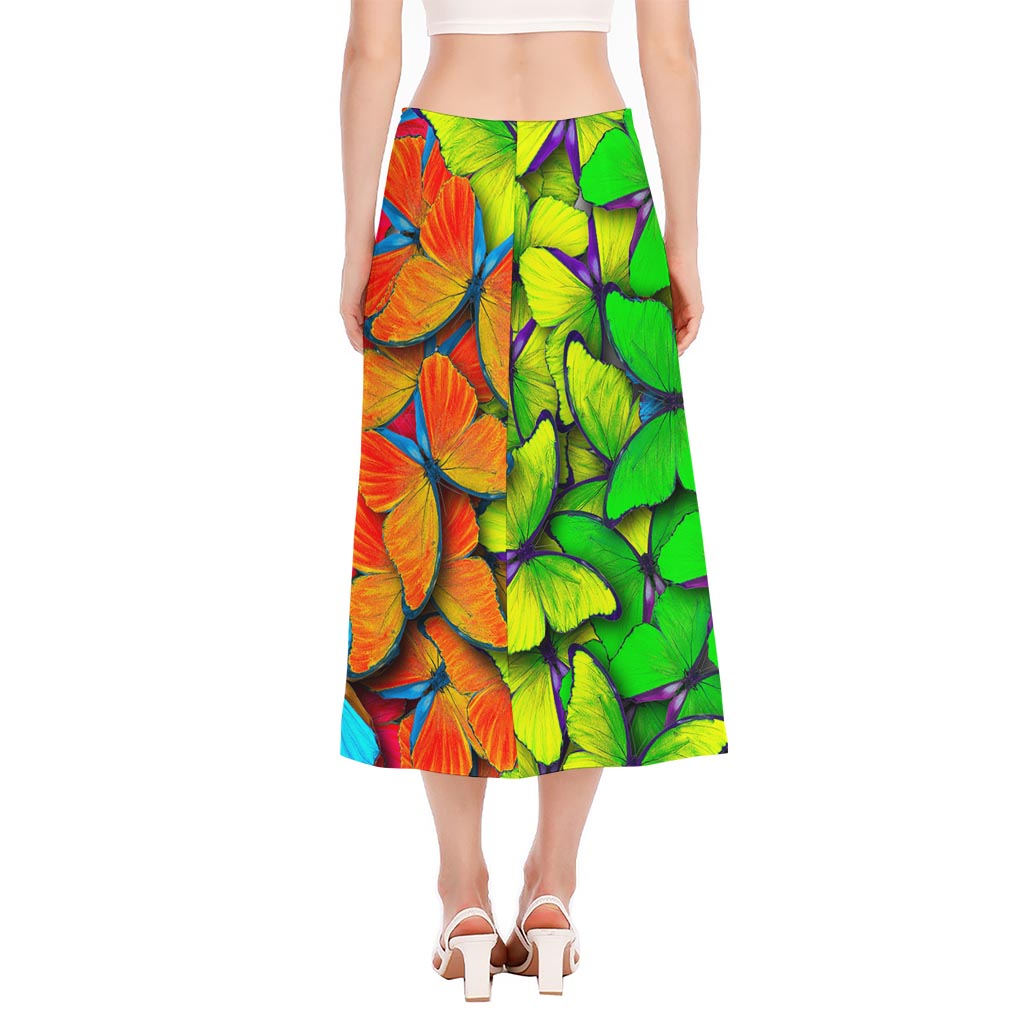 Rainbow Butterfly Pattern Print Side Slit Midi Skirt