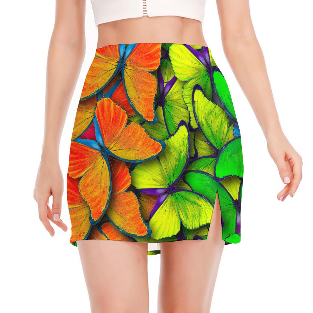 Rainbow Butterfly Pattern Print Side Slit Mini Skirt
