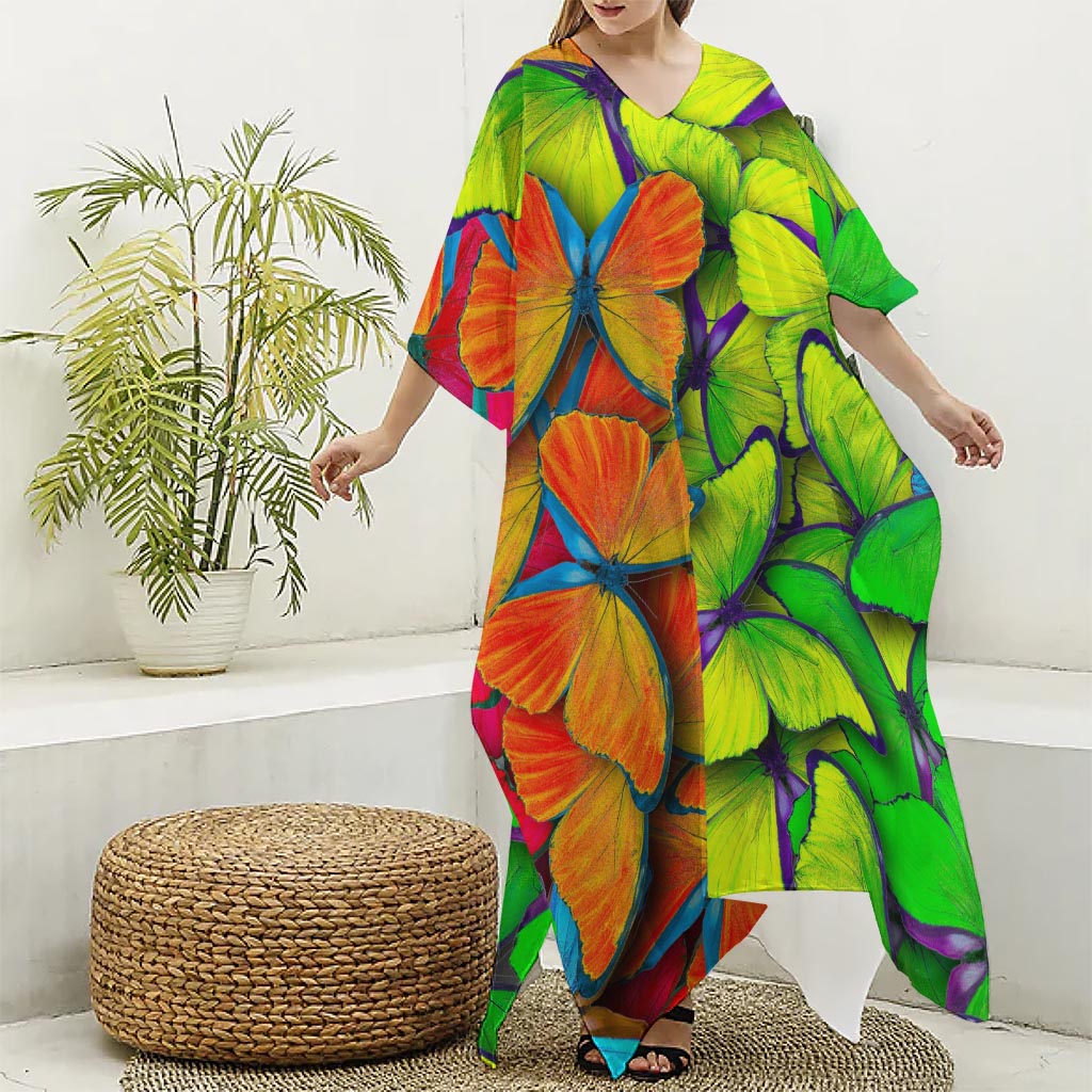 Rainbow Butterfly Pattern Print Silk V-Neck Kaftan Dress