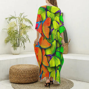 Rainbow Butterfly Pattern Print Silk V-Neck Kaftan Dress