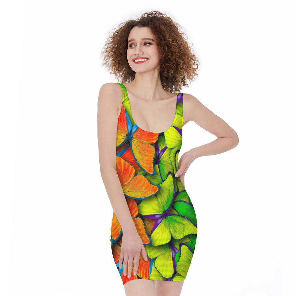 Rainbow Butterfly Pattern Print Sleeveless Bodycon Dress