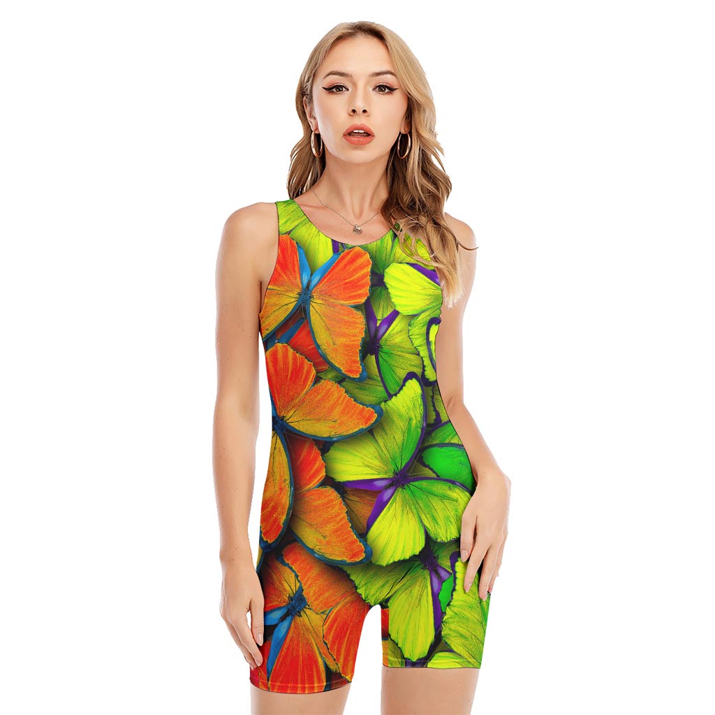 Rainbow Butterfly Pattern Print Sleeveless One Piece Swimsuit