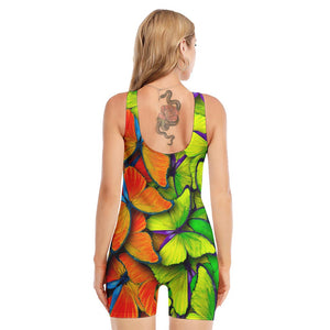 Rainbow Butterfly Pattern Print Sleeveless One Piece Swimsuit