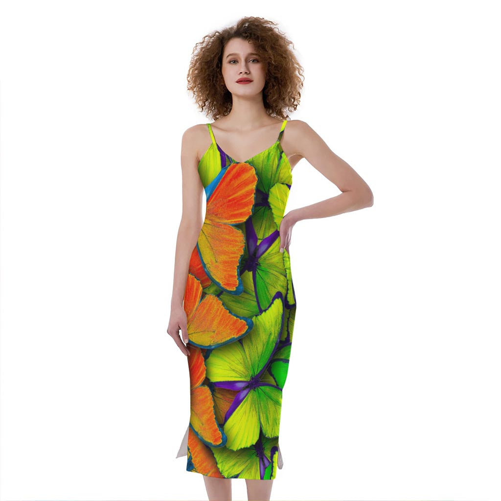 Rainbow Butterfly Pattern Print Slim Fit Midi Cami Dress