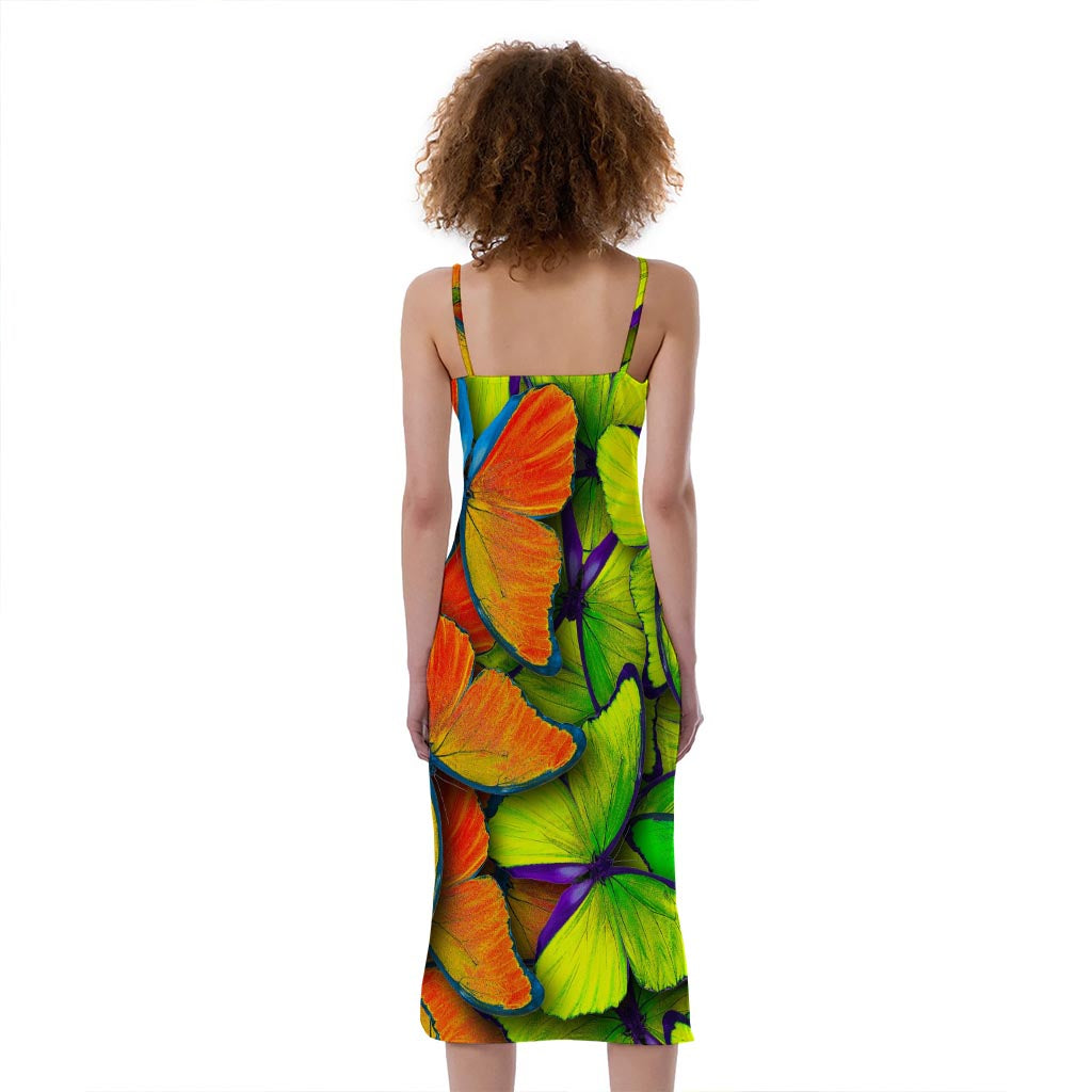 Rainbow Butterfly Pattern Print Slim Fit Midi Cami Dress