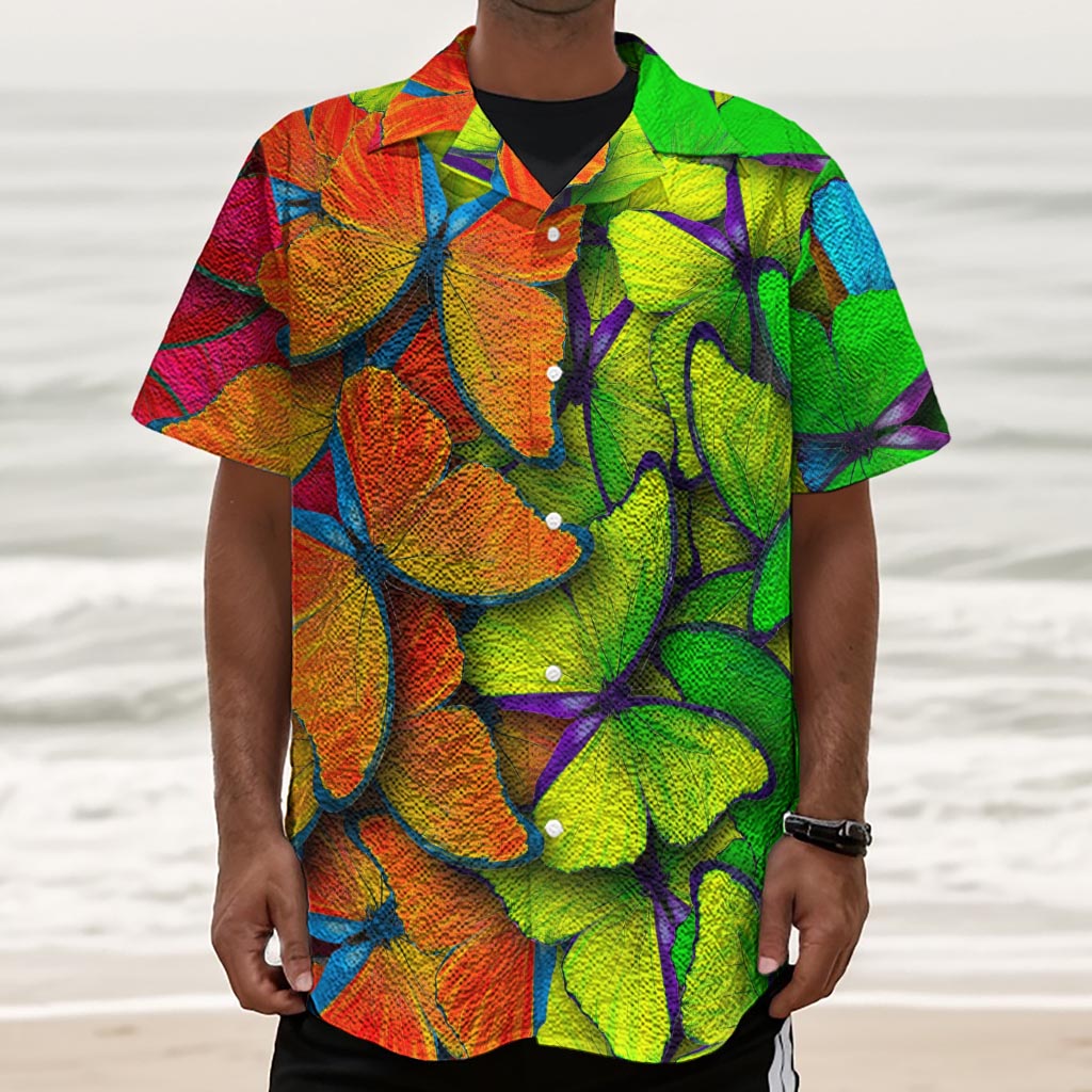 Rainbow Butterfly Pattern Print Textured Short Sleeve Shirt