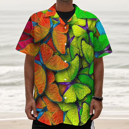 Rainbow Butterfly Pattern Print Textured Short Sleeve Shirt