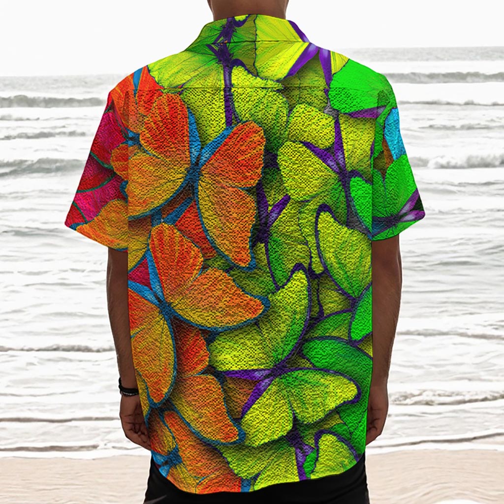 Rainbow Butterfly Pattern Print Textured Short Sleeve Shirt