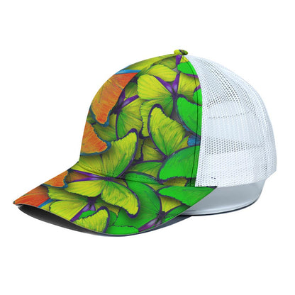 Rainbow Butterfly Pattern Print White Mesh Trucker Cap