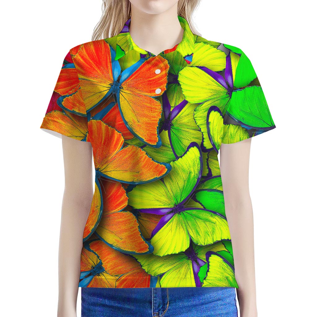 Rainbow Butterfly Pattern Print Women's Polo Shirt