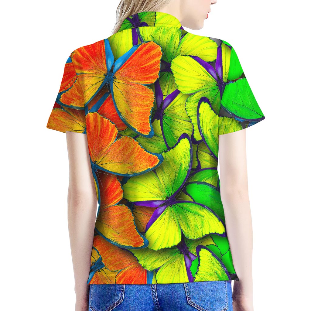 Rainbow Butterfly Pattern Print Women's Polo Shirt