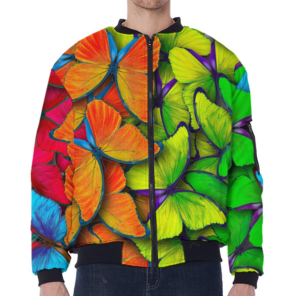 Rainbow Butterfly Pattern Print Zip Sleeve Bomber Jacket