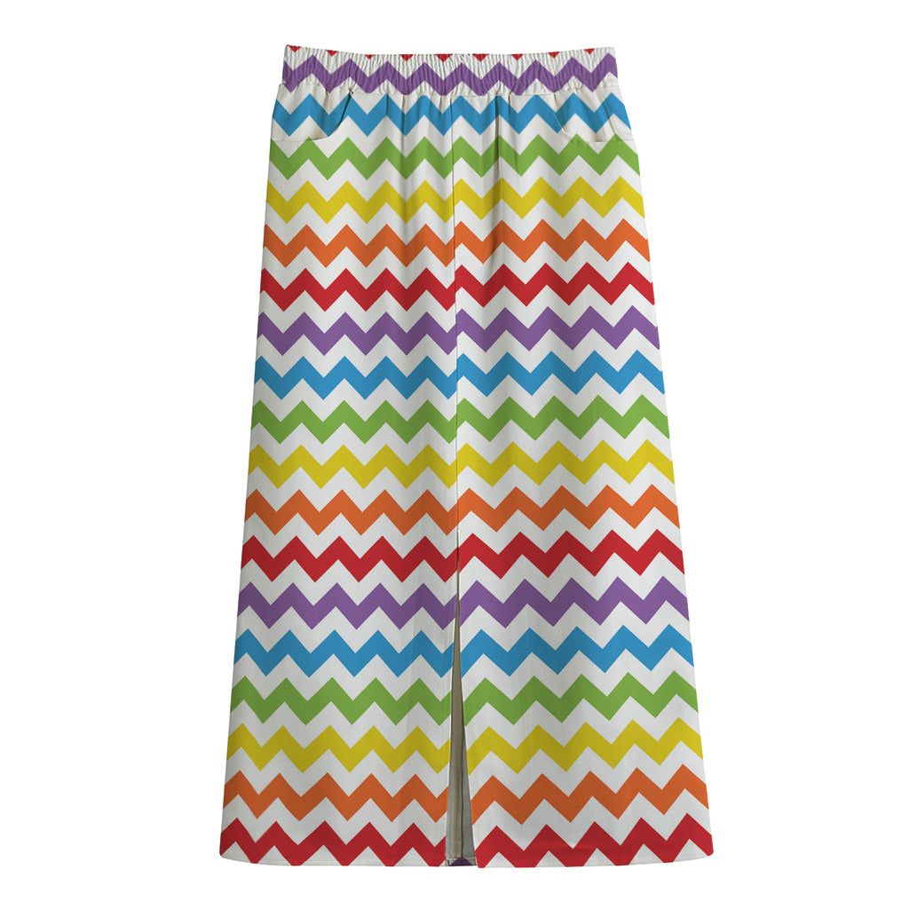 Rainbow Chevron Pattern Print Cotton Front Slit Maxi Skirt