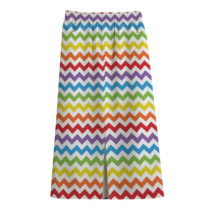 Rainbow Chevron Pattern Print Cotton Front Slit Maxi Skirt