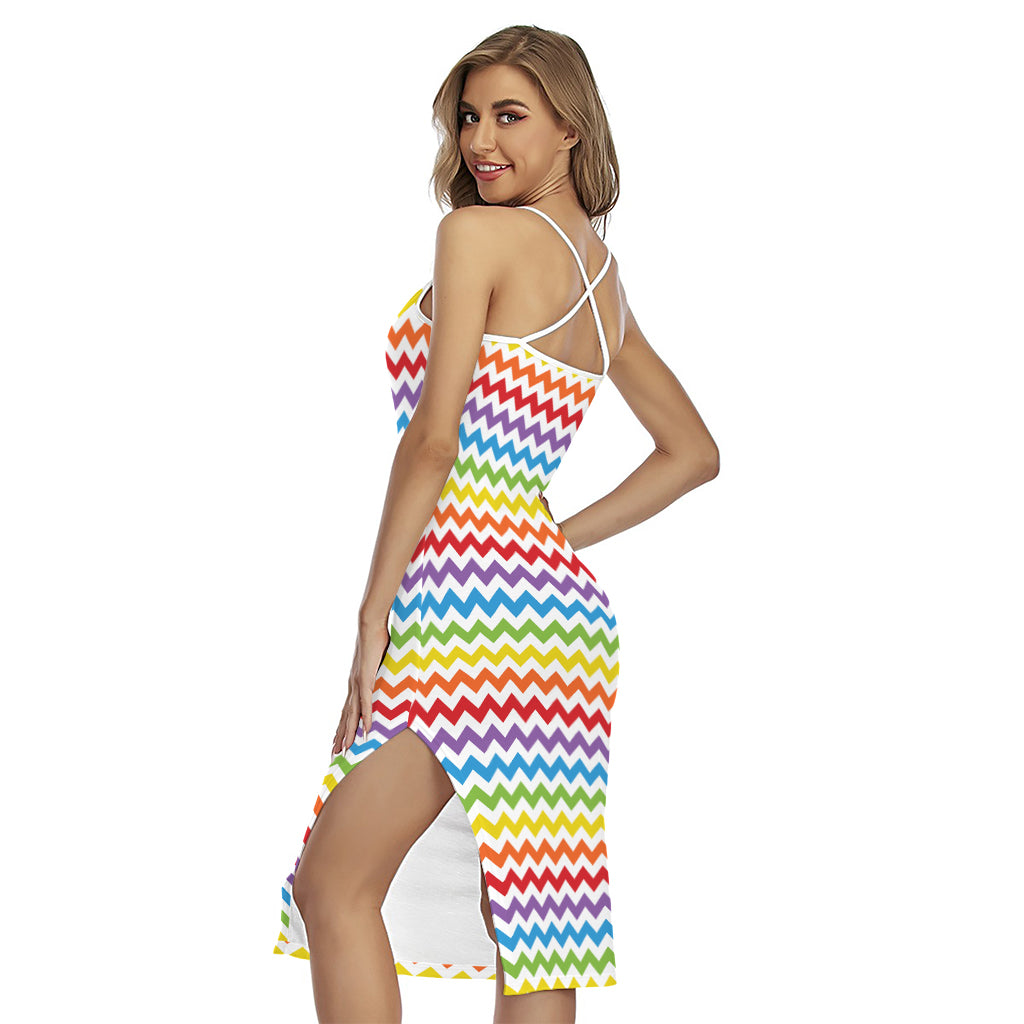 Rainbow Chevron Pattern Print Cross Back Cami Dress