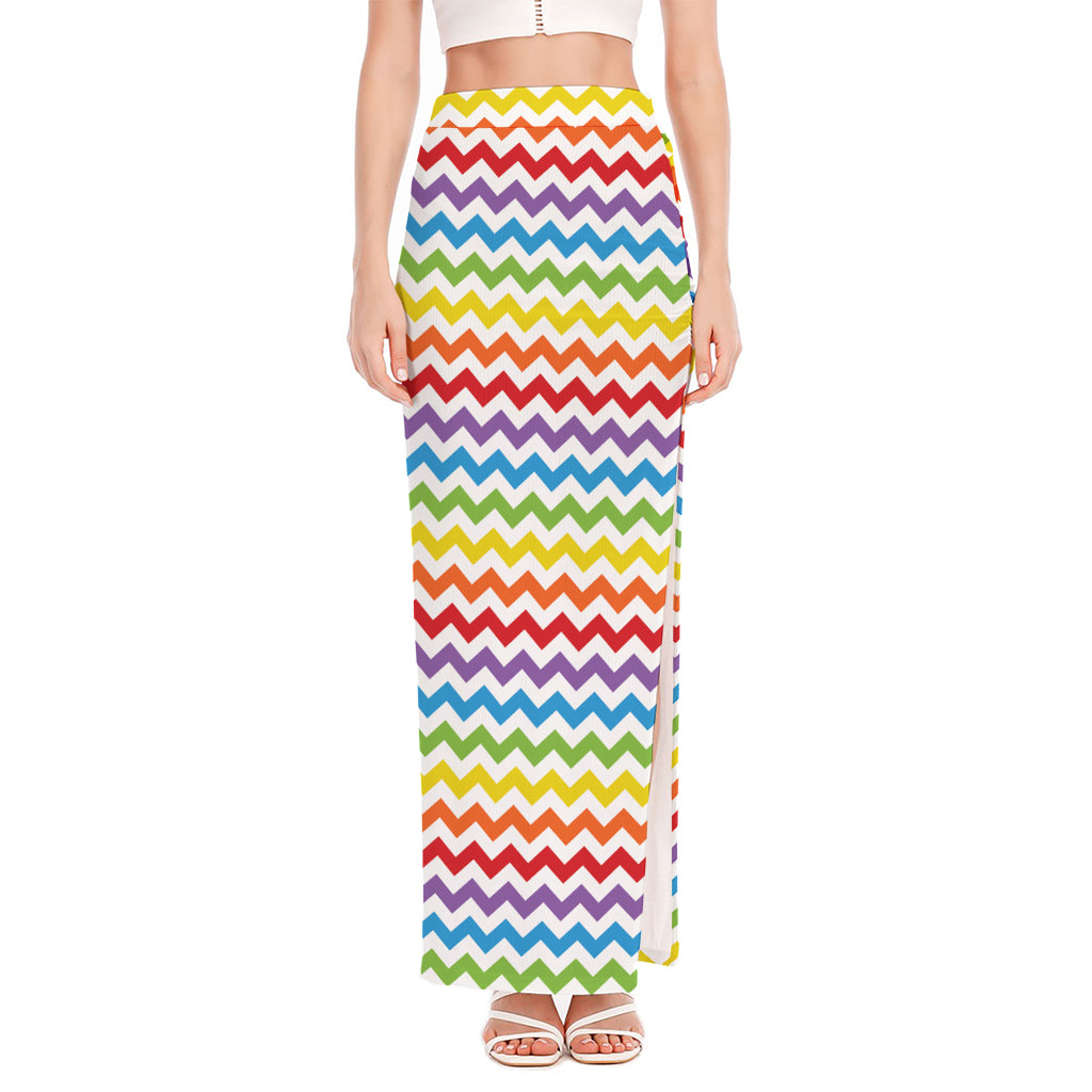 Rainbow Chevron Pattern Print High Slit Maxi Skirt