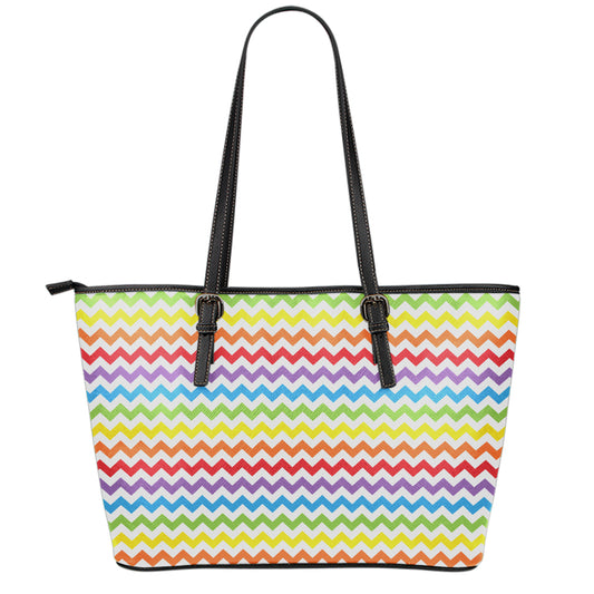 Rainbow Chevron Pattern Print Leather Tote Bag