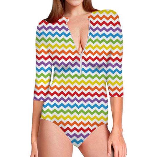 Rainbow Chevron Pattern Print Long Sleeve Swimsuit