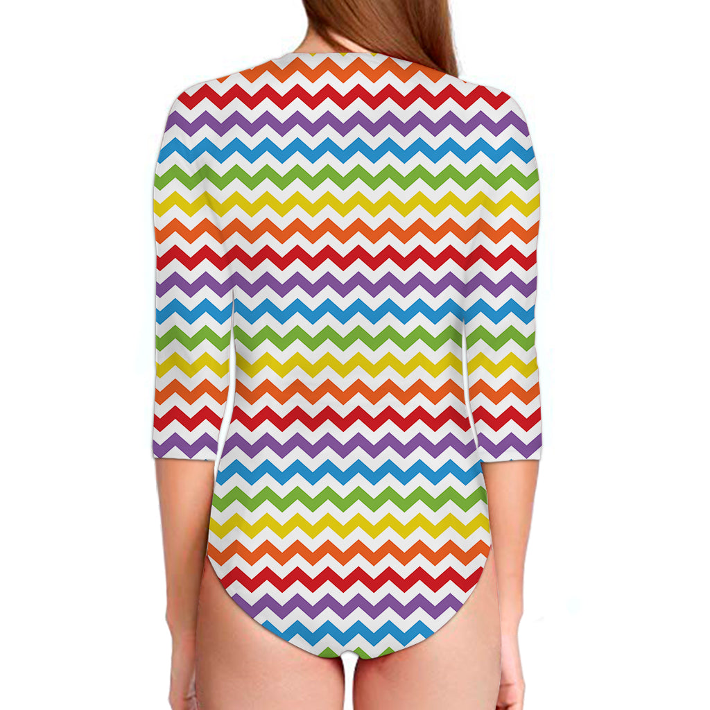 Rainbow Chevron Pattern Print Long Sleeve Swimsuit