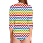 Rainbow Chevron Pattern Print Long Sleeve Swimsuit