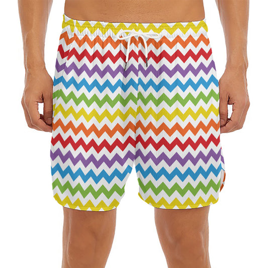 Rainbow Chevron Pattern Print Men's Split Running Shorts