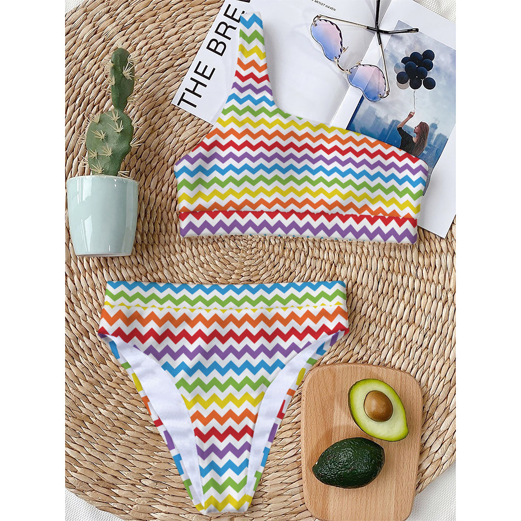 Rainbow Chevron Pattern Print One Shoulder Bikini Top