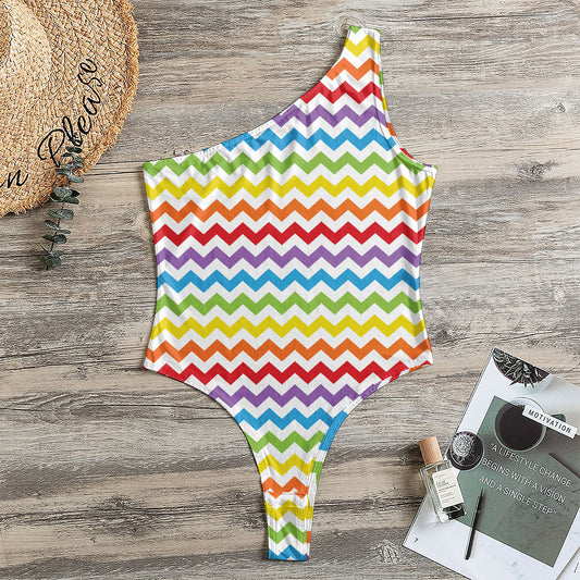 Rainbow Chevron Pattern Print One Shoulder Bodysuit